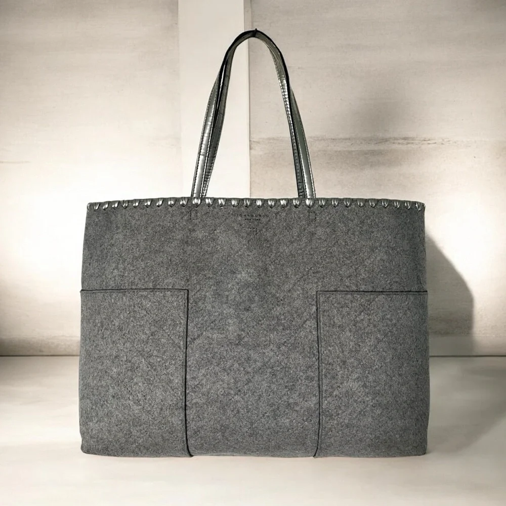 Tory Burch Block-T Functional grey Felt wool metallic leather large Tote bag - Picture 8 of 8